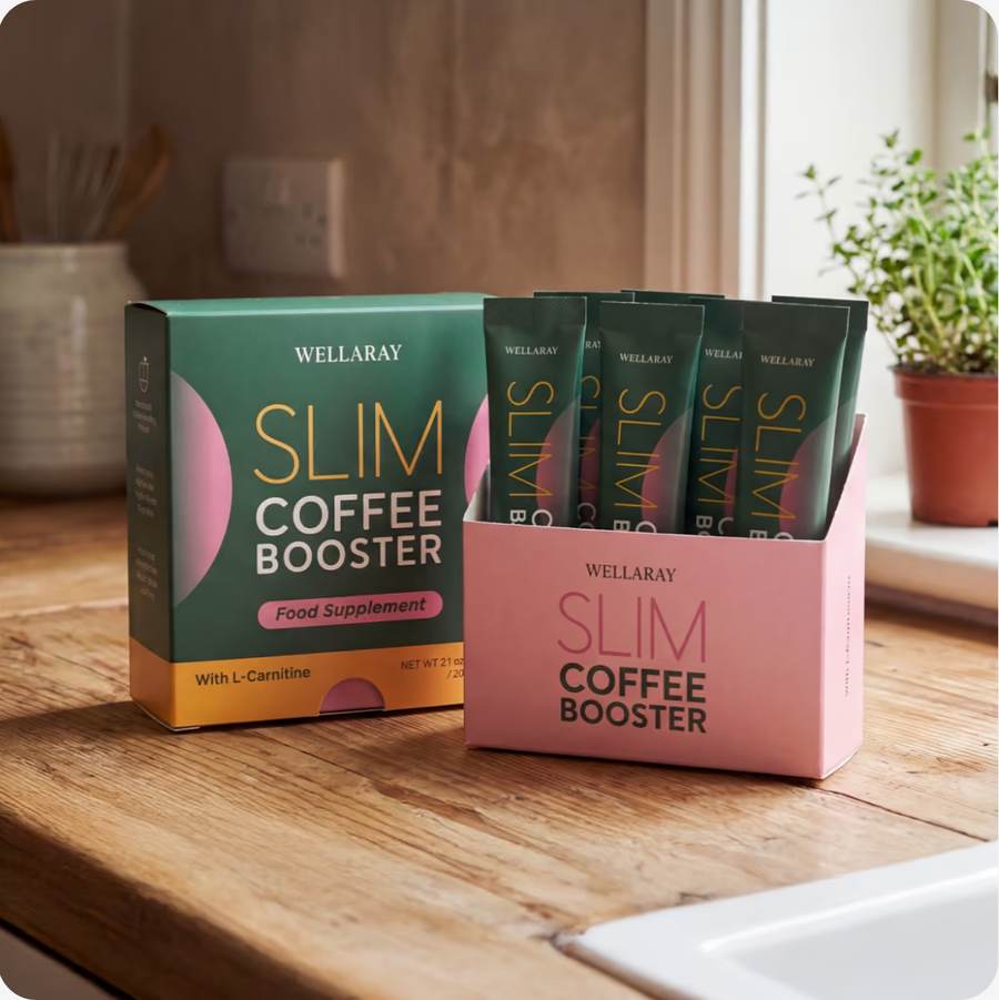 Slim Coffee Booster Packung und Sticks auf einer Küchenarbeitsplatte